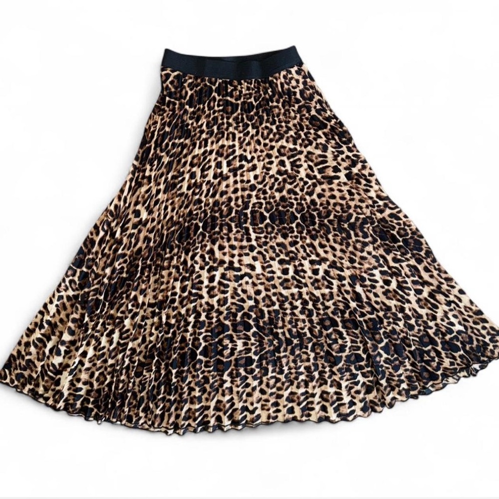 Kassually 28 Medium High Waisted Midi Skirt Pleated Cheetah Print Leopard Animal
